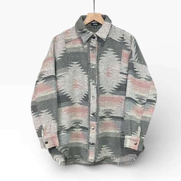 Fate Aztec Southwest Fringe Trim Long Sleeve Oversized Shacket Gray Size Small - Picture 4 of 12